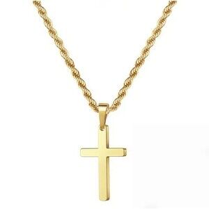 Gold Color Cross Pendant Necklace Rope Chain Brand New For Men Women & Children